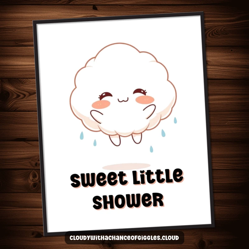 Funny fluffy white cloud with rosy cheeks, jumping joyfully and raining, as digital art, bringing instant cheerful vibes.