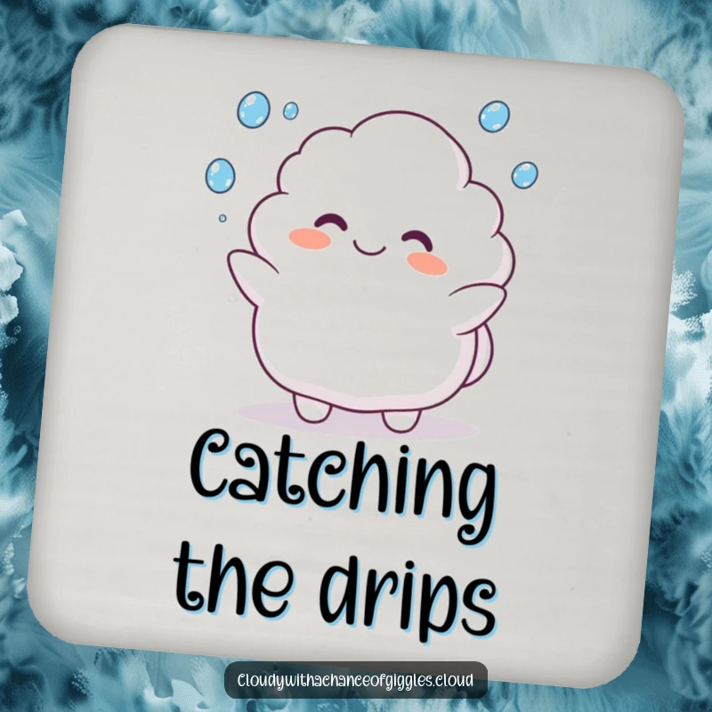 Funny drink coaster with a plump cloud animal character happily juggling raindrops, protecting tables with charm.