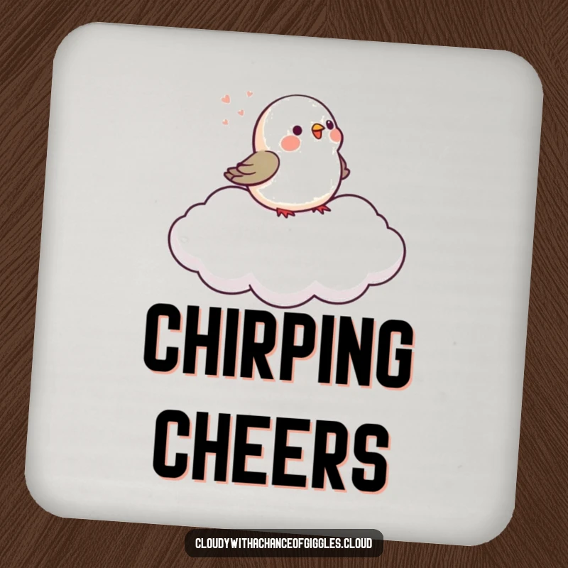 Funny tiny bird chirps on a gently drifting cloud, making these coasters a cute and amusing addition.