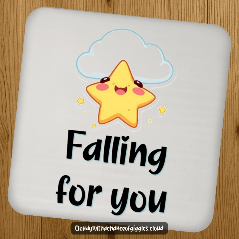 Funny drink coaster showing a happy star character safely falling from a cloud, protecting surfaces with humorous charm.