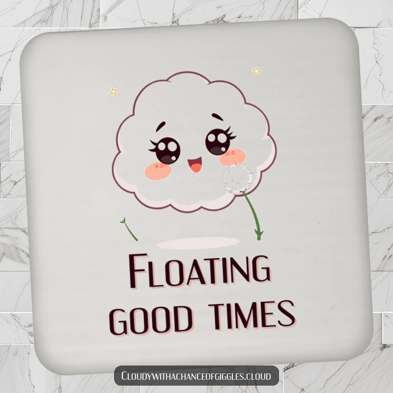 Funny drink coaster featuring an excited cloud with wide eyes, chasing a small white dandelion seed, adding whimsical decor.