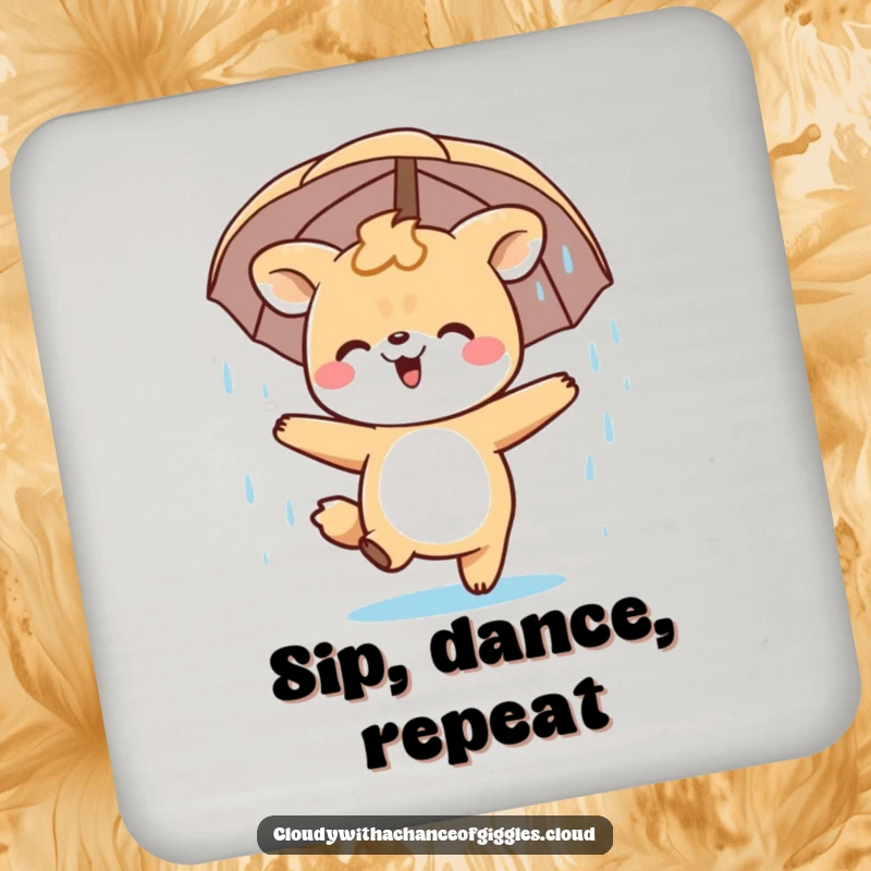 Funny Drink Coaster featuring a happy animal character dancing in a gentle rain shower. Protects surfaces with humor.