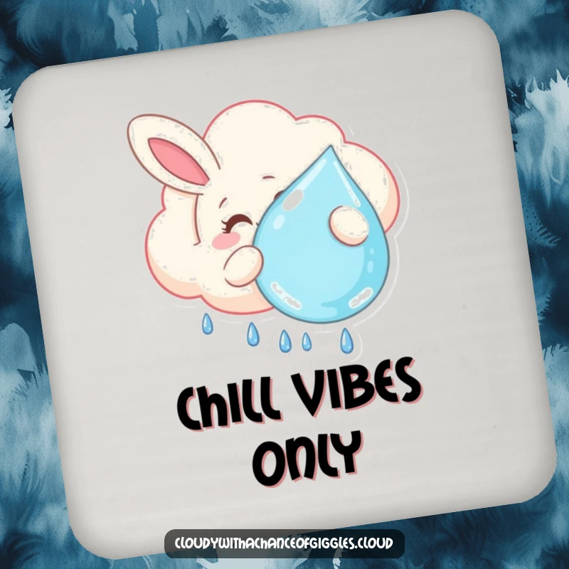 Funny drink coaster with a smiling bunny-shaped cloud floating lazily, holding a large raindrop, adding whimsical charm while protecting surfaces.