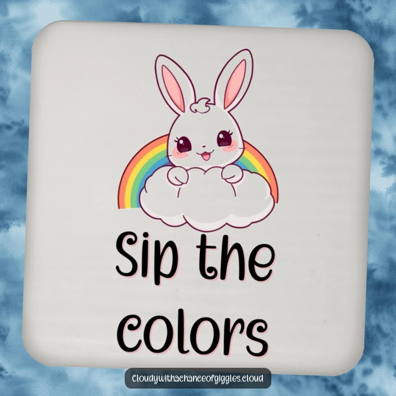 Funny drink coaster with a cheerful bunny peeking from behind a puffy cloud, holding a rainbow, adding magic to any surface.