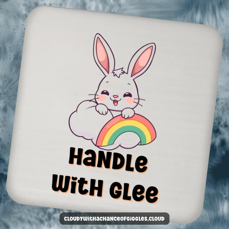 Funny cheerful bunny with a rainbow, peeking from a cloud, on a protective drink coaster.
