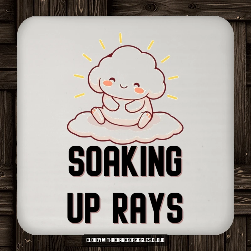 Funny drink coaster with a contented cloud animal character stretching on a sunbeam, protecting tables with charm.