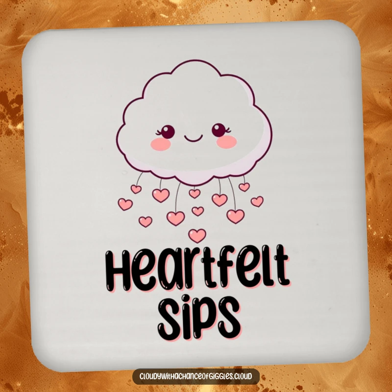 Funny drink coaster with a smiling cloud character raining tiny hearts, protecting furniture stylishly.