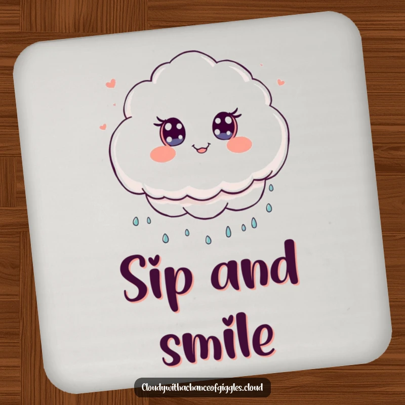 Funny Drink Coaster featuring a fluffy kawaii cloud character playfully raining tiny smiles. Protects surfaces with humor.
