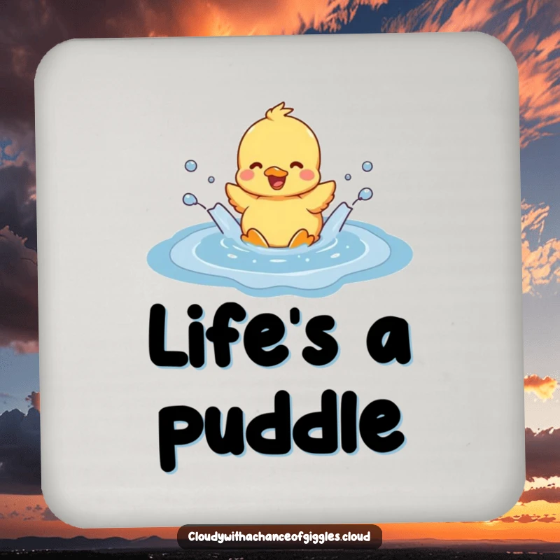 Funny duckling joyfully splashing in a cloud-shaped puddle, depicted on a drink coaster, adding a humorous and protective touch to surfaces.