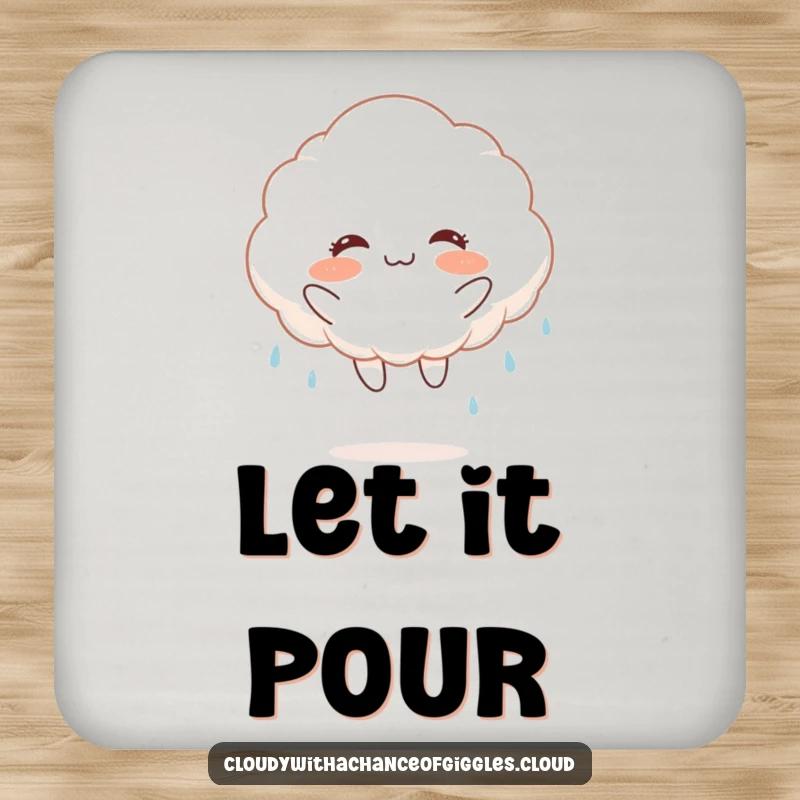 Funny fluffy white cloud with rosy cheeks, joyfully jumping and raining, on a drink coaster, for cheerful surface protection.