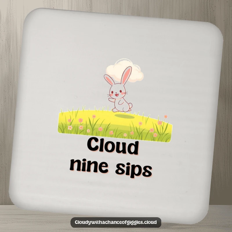 Funny rabbit coaster, a happy rabbit hopping under a smiling cloud, decorative and protective drink accessory.