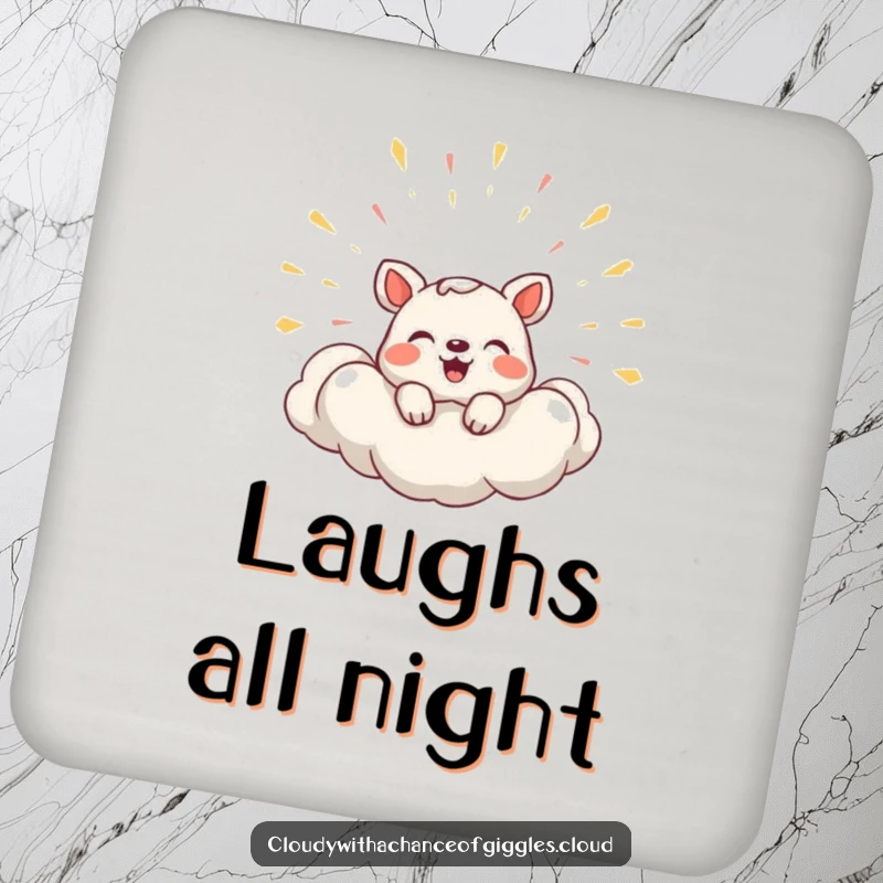 Funny Drink Coaster featuring a shy animal peeking from a cloud bursting with laughter, adding humor.