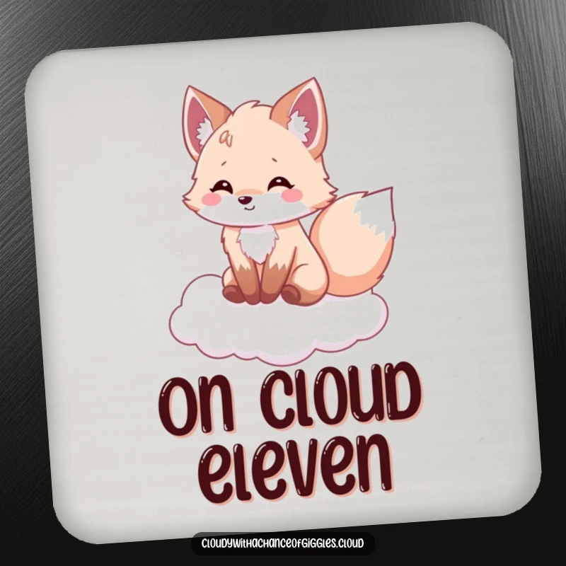 Funny fox drink coasters, a fluffy fox sitting on a cloud, tail wagging with delight, offering humorous table protection.