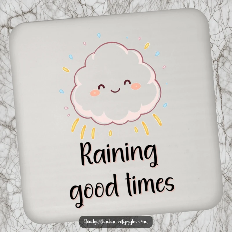 Funny fluffy cloud sprinkling tiny raindrops that form little rainbows, a cheerful and humorous drink coaster designed to protect surfaces with magic.