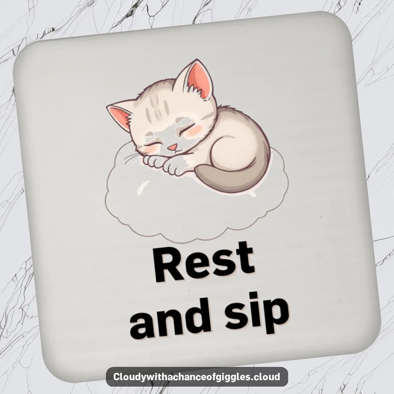 Funny Sleepy Kitten Coaster: A cute, napping kitten on a fluffy cloud, offering humorous surface protection.