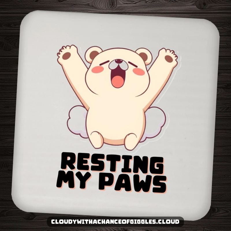 Funny drink coaster featuring a little bear cloud character yawning widely and stretching its cloudy arms upwards, adding sleepy decor.