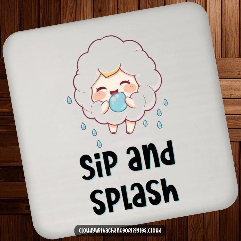 Funny drink coaster with a fluffy cloud child giggling and bouncing a raindrop, protecting surfaces with playful charm.