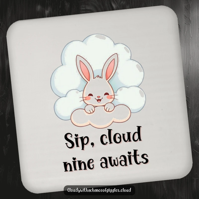 Funny coaster featuring a smiling bunny peeking from a whimsical cloud, protecting surfaces with adorable charm and humor.