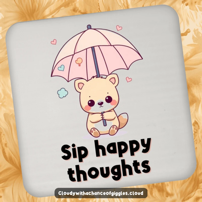 Funny drink coaster showing an animal holding an umbrella made of happy thoughts, protecting surfaces with cheerful humor.