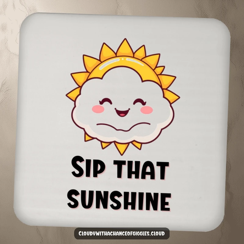 Funny sun and cloud drink coasters, a smiling sun peeking from a happy cloud, offering cheerful and humorous protection.