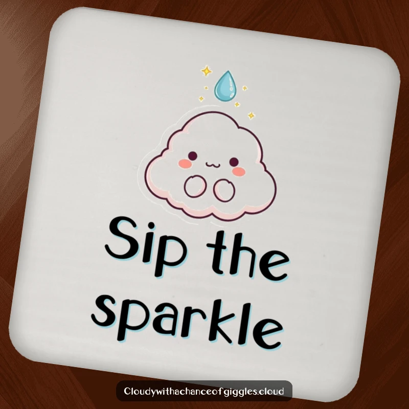 Funny drink coaster featuring a tiny cloud animal character with sparkles bursting from a raindrop, protecting surfaces humorously.