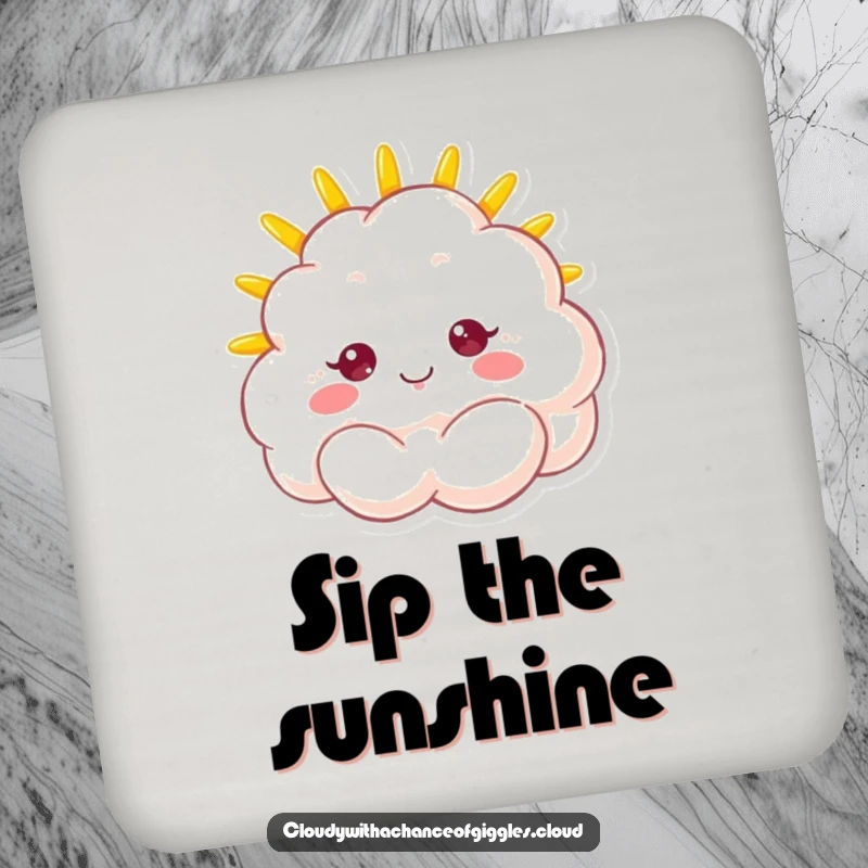 Funny drink coaster featuring a fluffy cloud with a beaming sunshine face, bringing bright humor and cheer to tabletops.