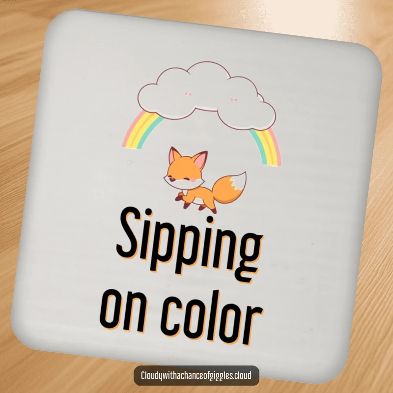 Funny fox coaster, a happy fox chasing a rainbow from a fluffy cloud, decorative and protective drink accessory.