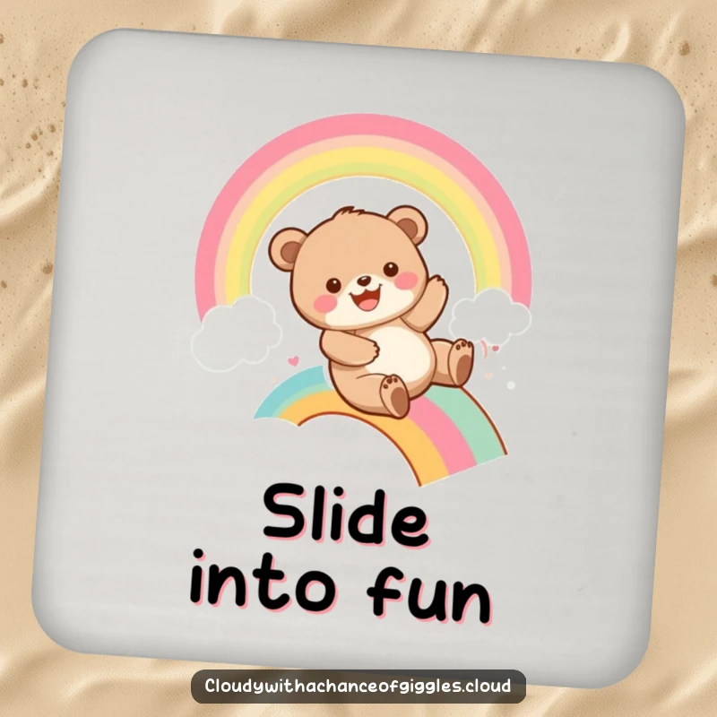 Funny bear cub sliding down a vibrant rainbow with a big grin, on a drink coaster, adding playful humor and protection.