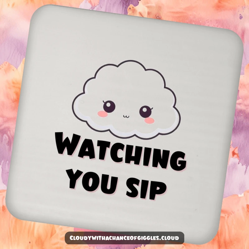 Funny cloud coaster, a tiny cloud with big eyes peeking from behind a larger cloud, providing protection with charm.