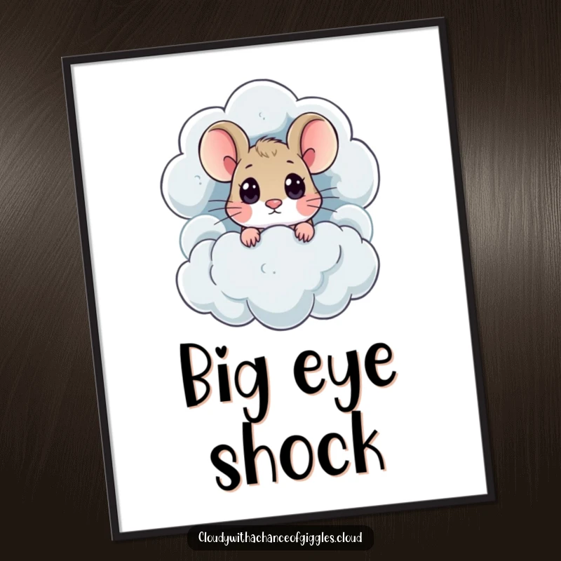 A funny, curious mouse with large eyes peeks from a dramatic thundercloud, presented as intriguing wall art.