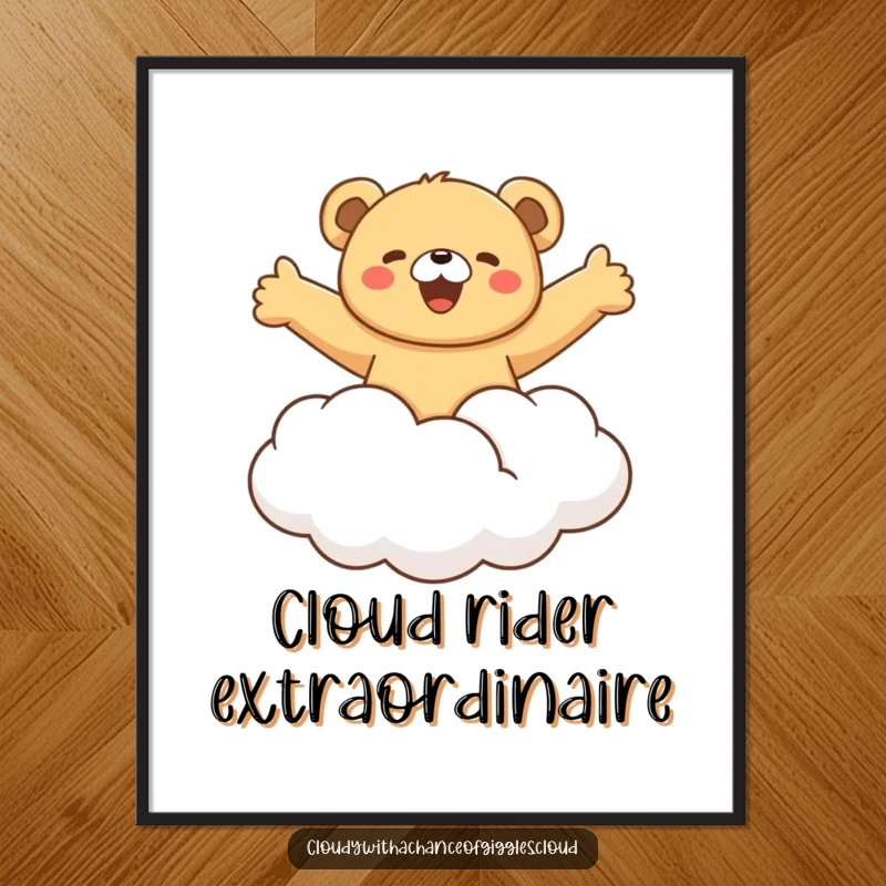 Funny bear cub joyfully riding a fluffy cloud with arms outstretched, a cheerful and humorous illustration perfect for adding a sense of wonder.