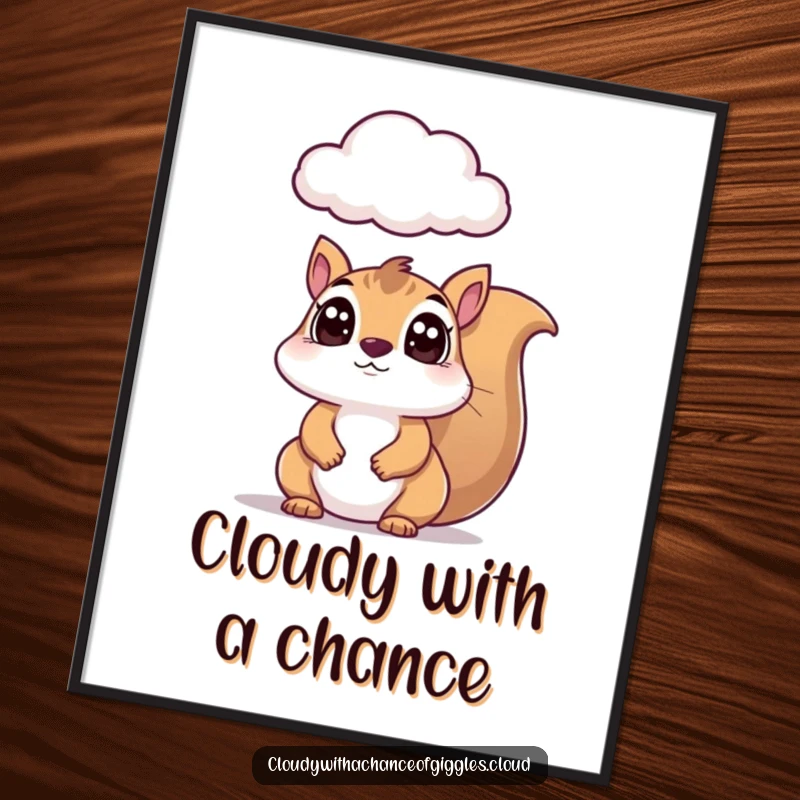 Funny squirrel poster, a cute wide-eyed squirrel gazing upwards at a curious cloud, bringing whimsical humor to any room.