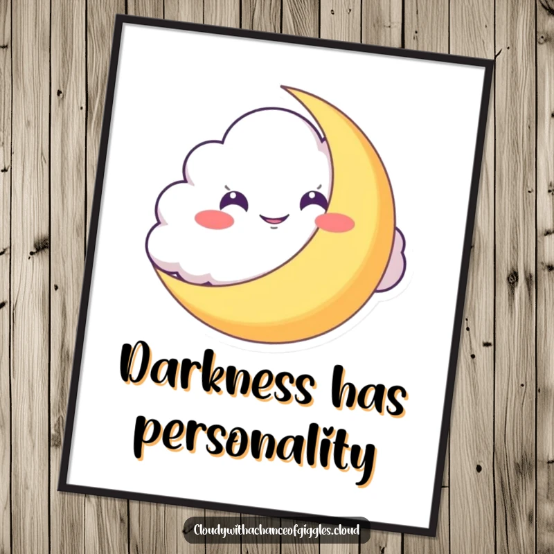 Funny Poster: A grinning cloud peeks slyly from behind a crescent moon, capturing a moment of delightful nighttime mischief.