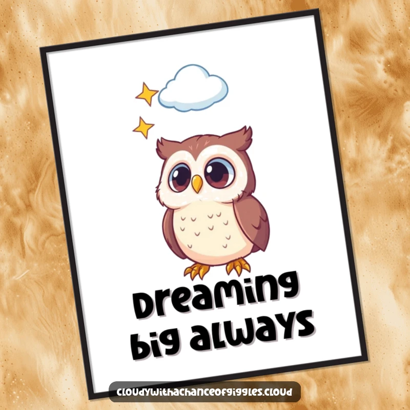 Funny poster artwork of a little owl with large, inquisitive eyes looking up towards a cloud illuminated by countless stars, evoking imagination.