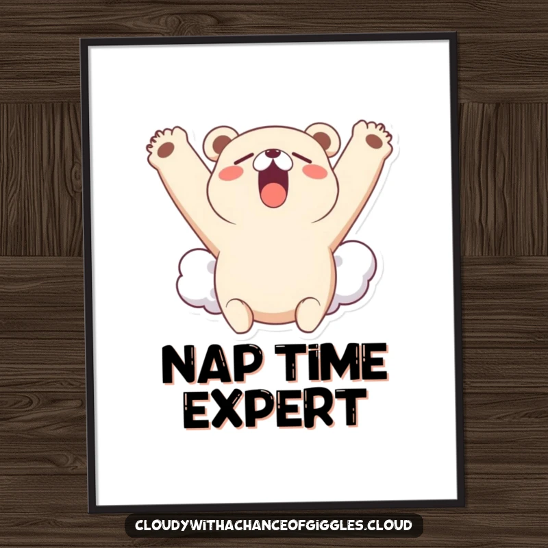 Funny poster art of a little bear cloud character yawning broadly and stretching its cloudy arms upwards, conveying peaceful sleepiness.