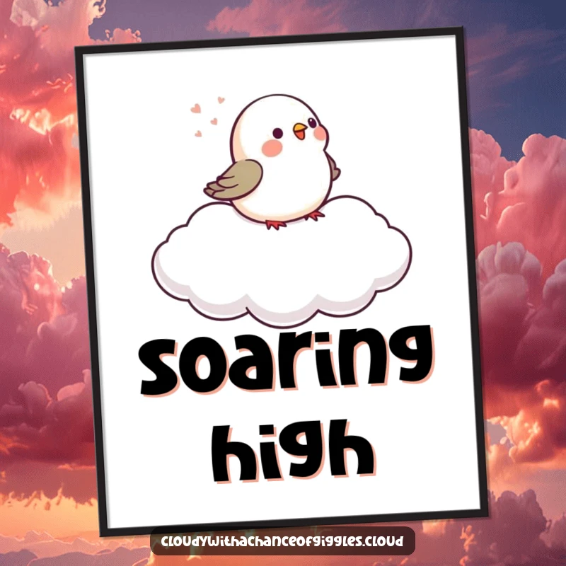 A funny, tiny bird sweetly chirps while perched on a gently drifting cloud, presented as charming wall art.
