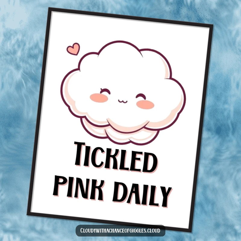 Funny poster showing a cloud character blushing with rosy cheeks, tickled by a breeze, bringing gentle and humorous wall art.