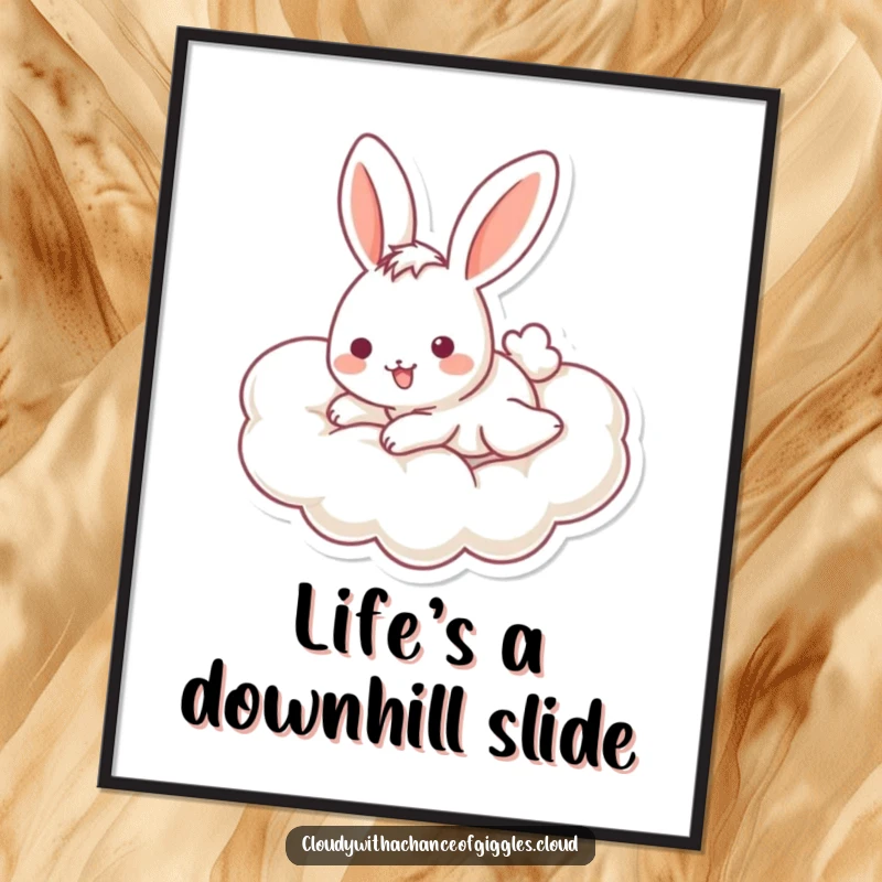 Funny bunny poster showcasing a playful bunny with a cheerful expression sliding down a fluffy cloud, creating a whimsical and humorous art piece.