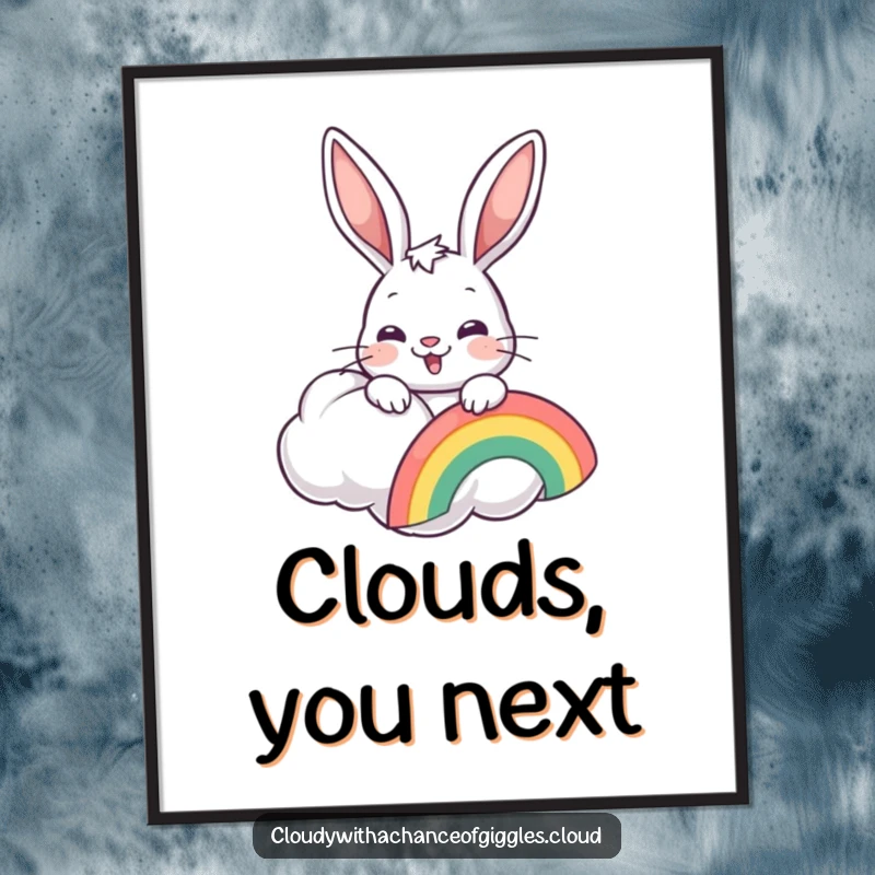 Funny bunny peeking from a cloud, holding a rainbow, on an art poster, whimsical decor.