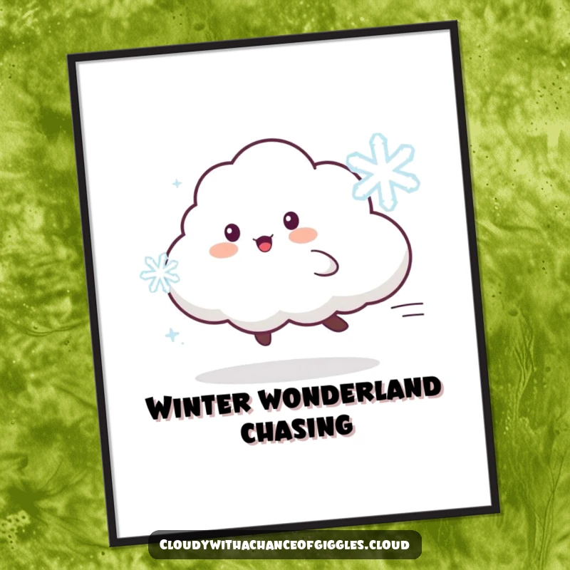 Funny poster art of a playful cloud animal character delightedly chasing a dancing snowflake, capturing winter's magic.