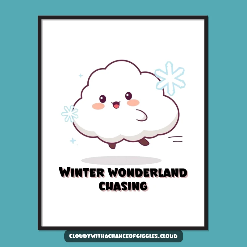 Funny Cloud Animal Poster: Chasing Snowflake, Cheerful Winter Art