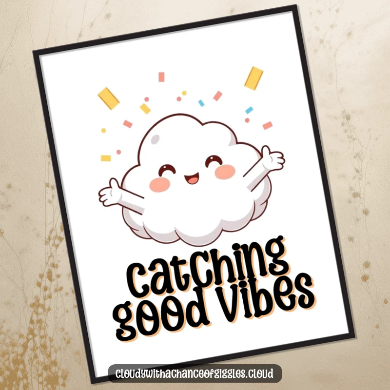 Funny poster art depicting a smiling cloud arms outstretched, enthusiastically catching a burst of colorful confetti for festive decor.