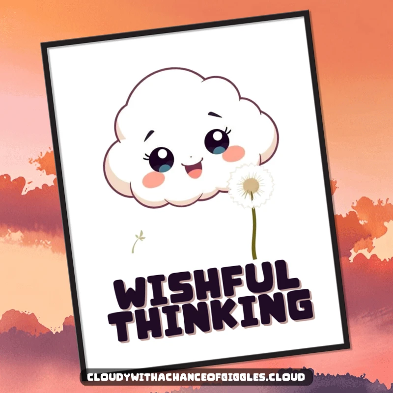 Funny, excited cloud with wide eyes chasing a fluffy white dandelion seed on a whimsical poster.