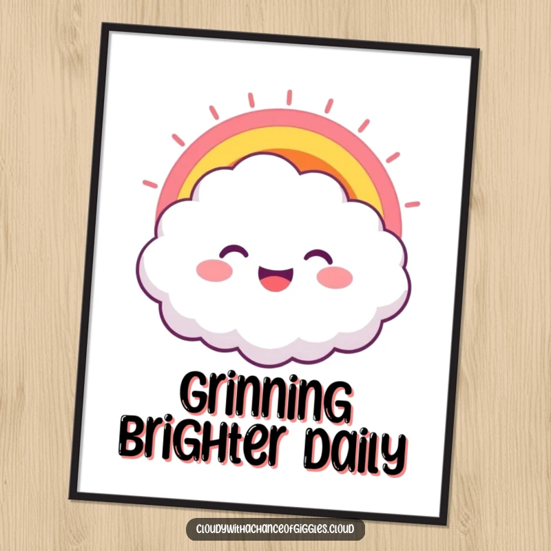 Funny wall art poster featuring a happy cloud character, a spectacular rainbow erupting from its joyful grin, adding humor to decor.