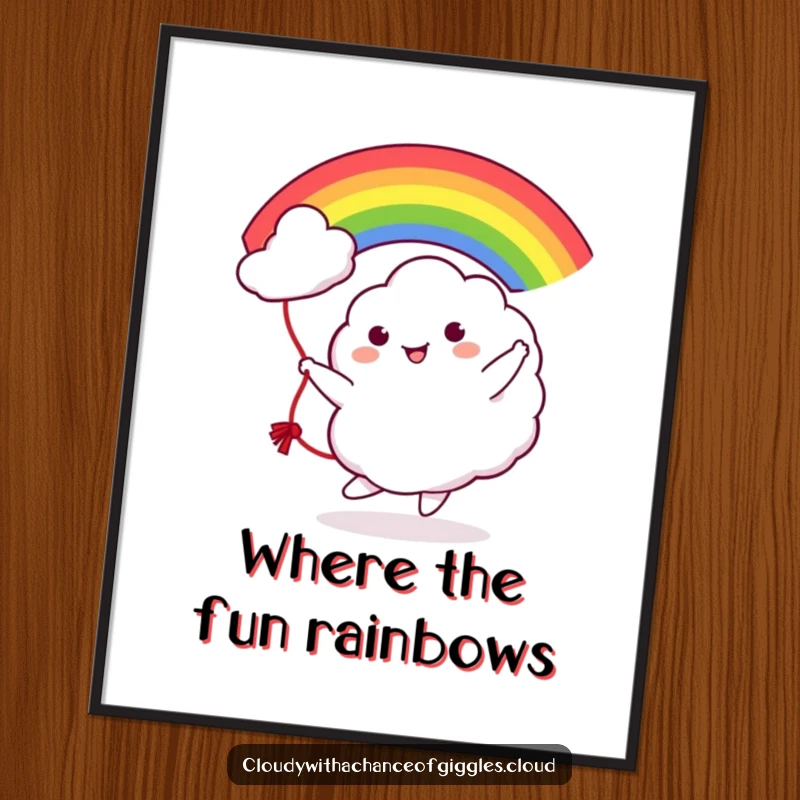 Funny Cloud Rainbow Jump Rope Poster: A whimsical illustration of a cute cloud tossing a vibrant rainbow, symbolizing playful activity.
