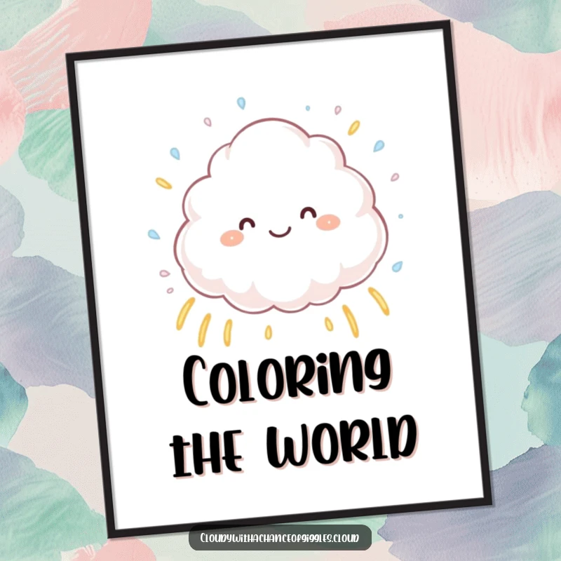 Funny fluffy cloud sprinkling tiny raindrops, creating small rainbows, a cheerful and humorous illustration perfect for adding a touch of magic.