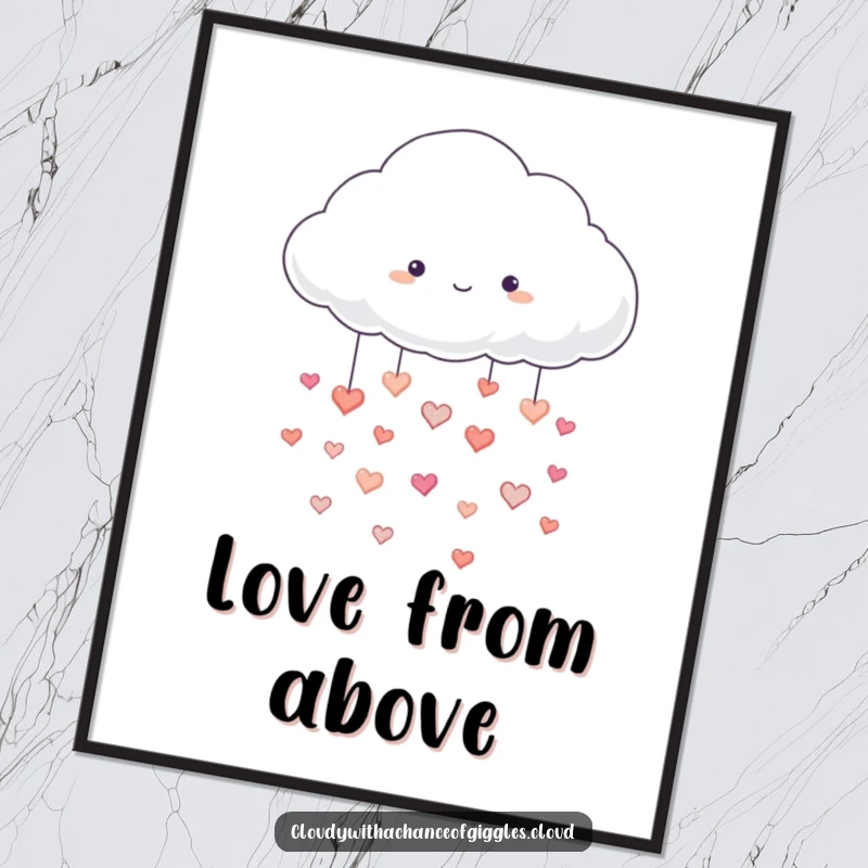 Funny poster of a fluffy white cloud raining small, happy hearts, creating a cheerful and loving atmosphere, a perfect funny gift.