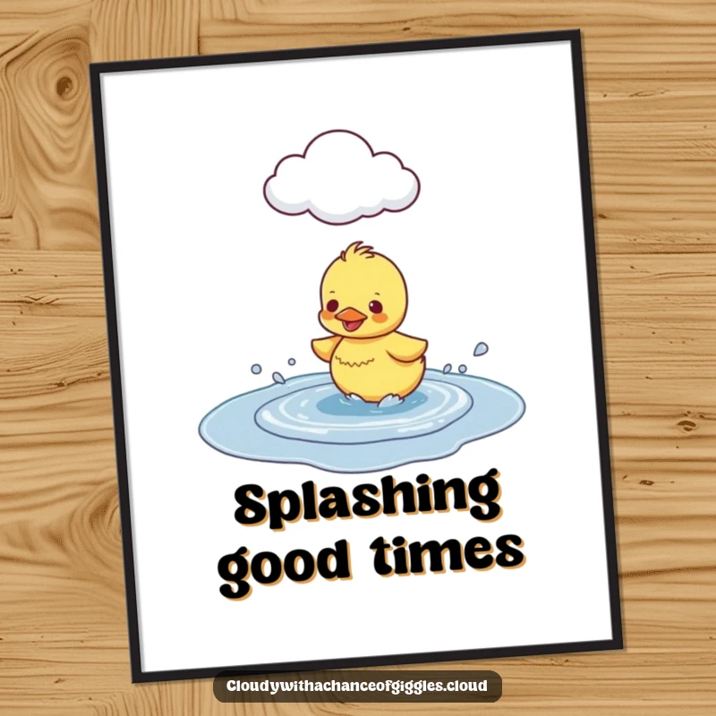Funny Duckling Puddle Splash Poster, depicting a happy duckling splashing in a puddle under a cloud, bringing joy to walls.
