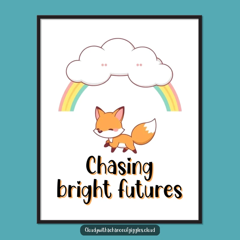 Funny Fox Rainbow Poster: Whimsical Cloud Art, Charming Funny Gift for Walls