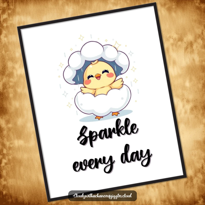 Funny giggling chick emerging from a sparkly rain cloud poster, adding a delightful splash of humor to any space.